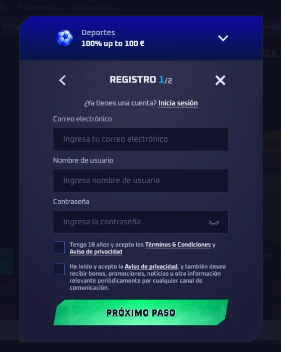 Sportaza Casino formulario de registro con bono de deportes