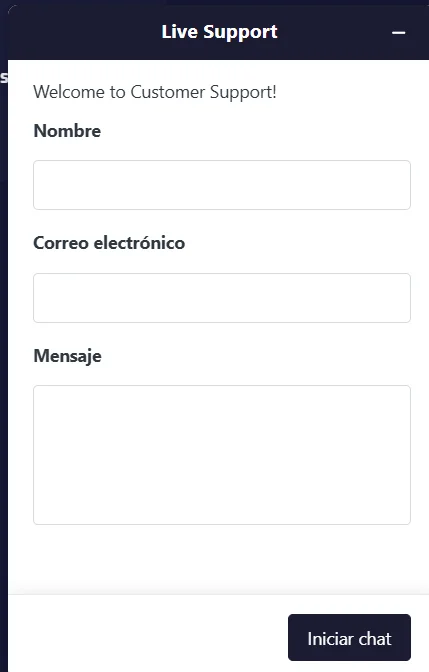 Sportaza Casino ventana de chat de soporte en vivo con formulario de contacto